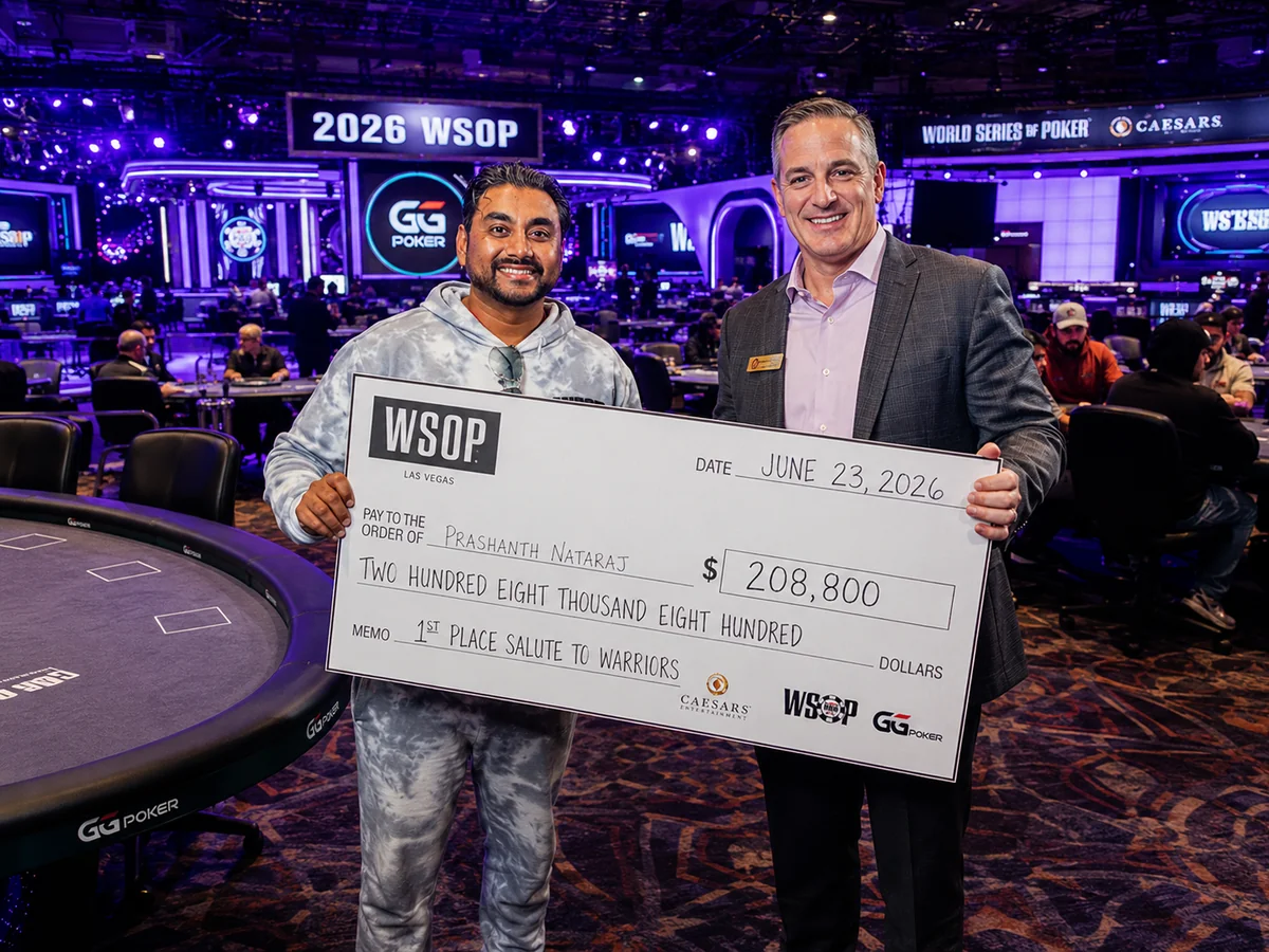 Prashanth Nataraj with the $208,800 first-place check for the 2026 WSOP Salute to Warriors