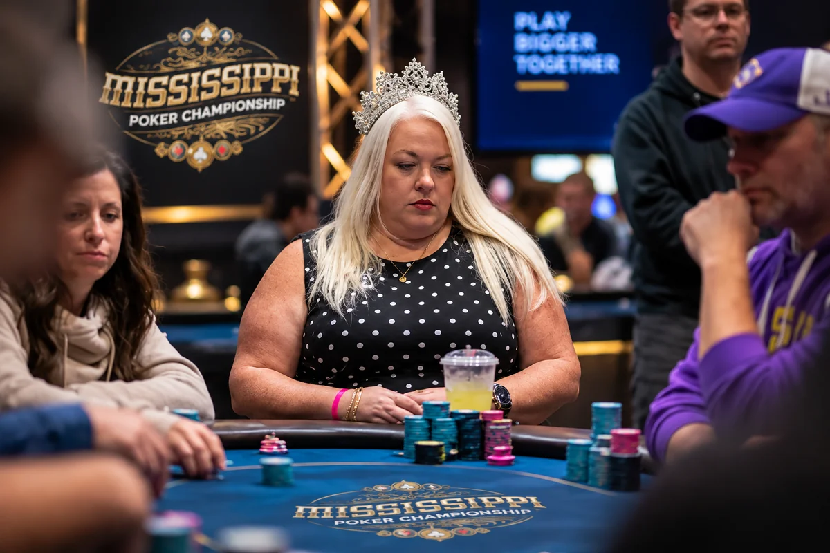 Amy Batson wearing her crown on Day 2 of the Mississippi State Poker Championship Main Event