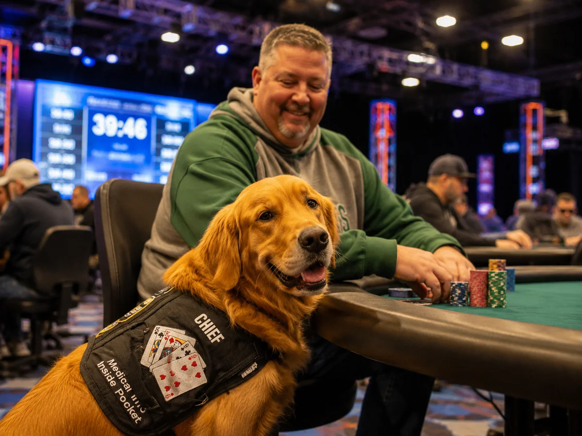 Chief, Ben Ditsch's service dog, at the WSOP poker table