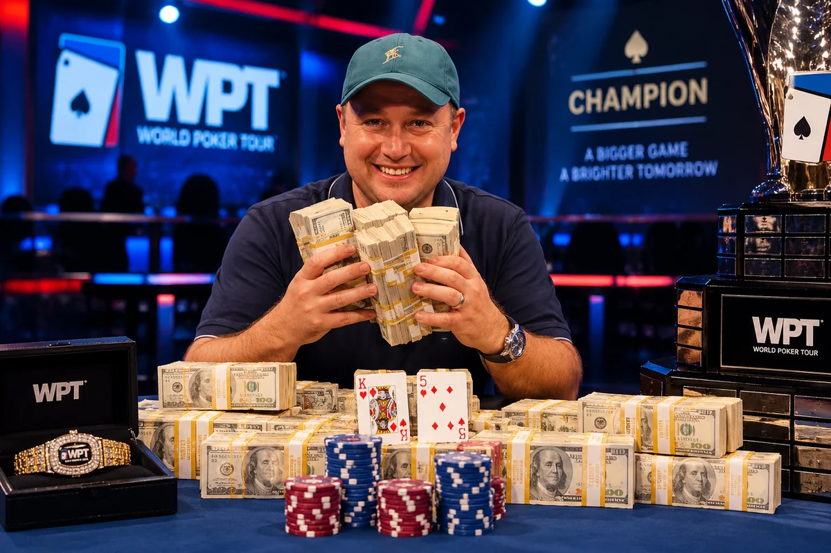WPT champion posing behind stacks of cash, the WPT trophy and a diamond-studded champion's watch