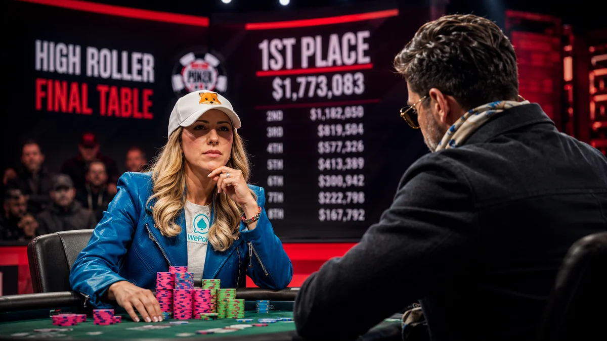 Kristen Foxen at the 2026 WSOP $25,000 Eight-Max final table, with the full payout ladder on the screen behind her