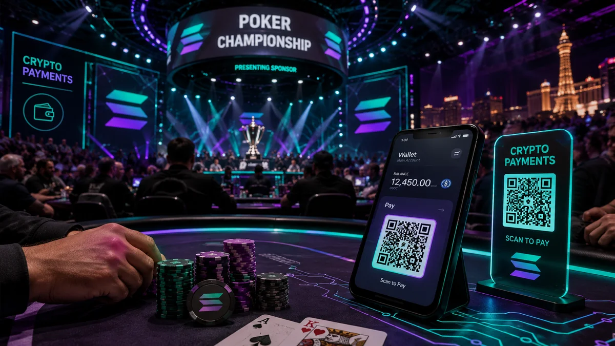 Solana-branded WSOP poker championship stage with crypto payment QR codes